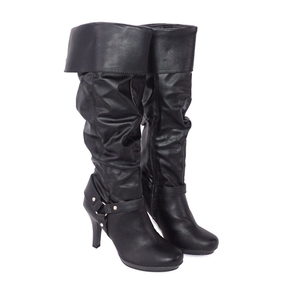 So PSI Black Folded Cuff Knee High Heeled Slouch Boots Brand New in Box NIB